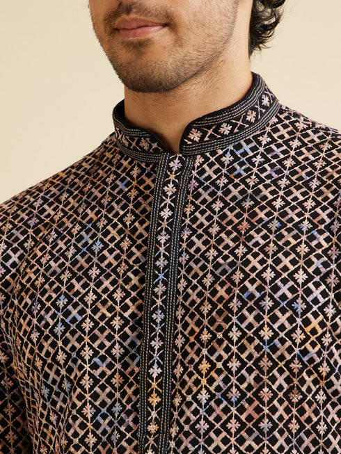 Manyavar Black and Beige Chikankari Grid Print Kurta Set