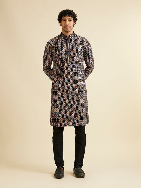 Manyavar Black and Beige Chikankari Grid Print Kurta Set