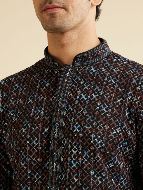 Manyavar Black & Brown Chikankari Grid Print Kurta Set
