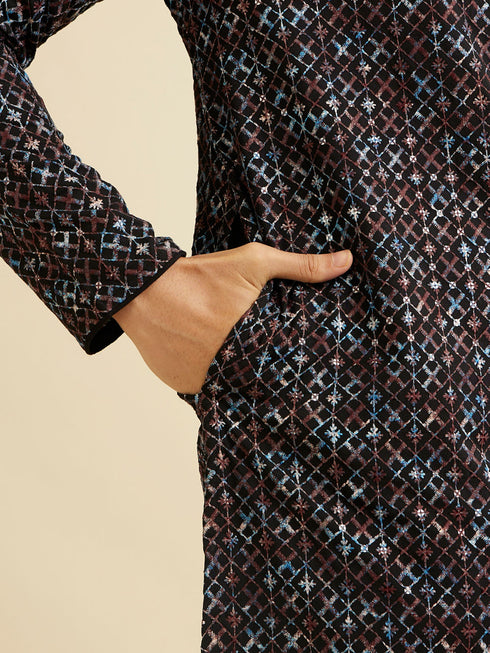 Manyavar Black & Brown Chikankari Grid Print Kurta Set