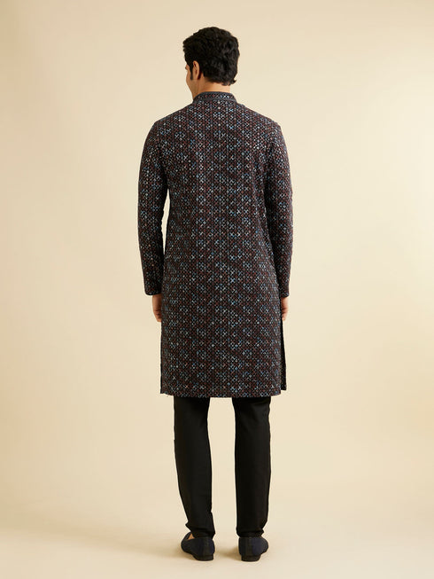 Manyavar Black & Brown Chikankari Grid Print Kurta Set
