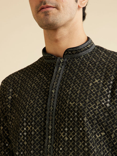 Manyavar Black & Dark Green Chikankari Grid Print Kurta Set
