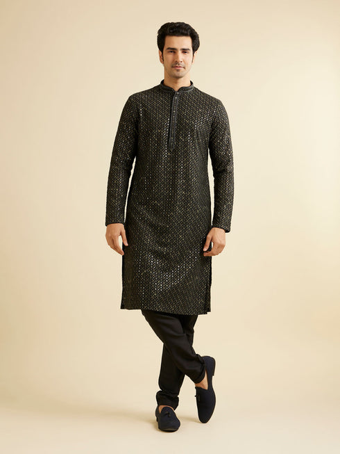 Manyavar Black & Dark Green Chikankari Grid Print Kurta Set