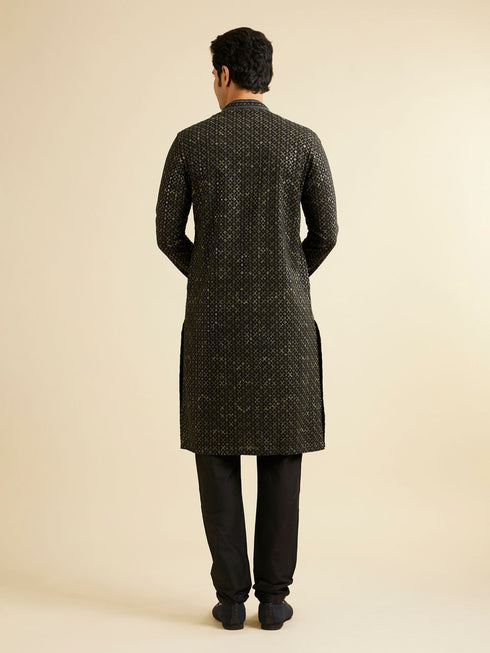 Manyavar Black & Dark Green Chikankari Grid Print Kurta Set