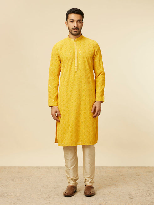 Manyavar Vibrant Yellow Chikankari Embroidered Kurta Set