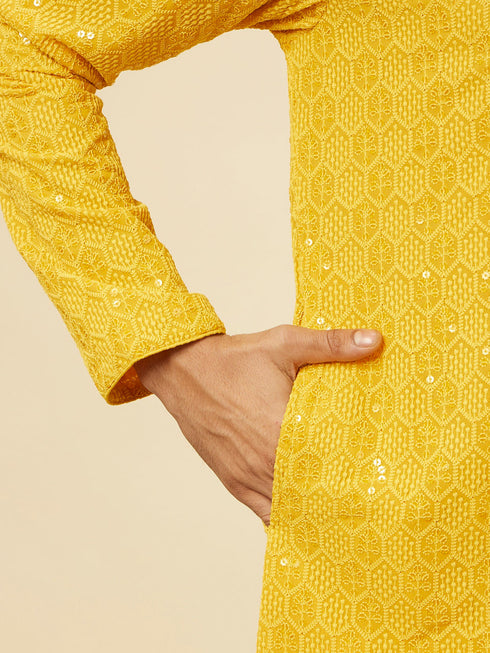 Manyavar Vibrant Yellow Chikankari Embroidered Kurta Set