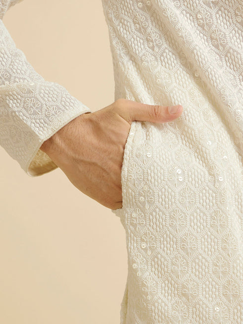 Manyavar Ivory Cream Chikankari Embroidered Kurta Set