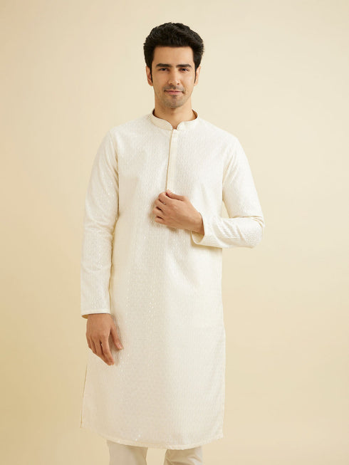 Manyavar Cream White Sequinned Kurta Set