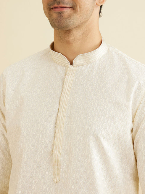 Manyavar Cream White Sequinned Kurta Set