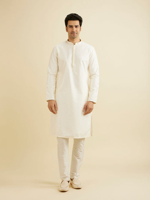 Manyavar Cream White Sequinned Kurta Set