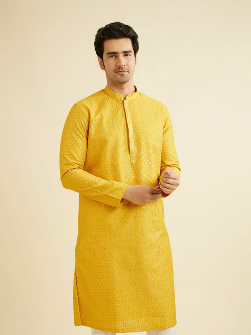 Manyavar Mustard Yellow Sequinned Kurta Set