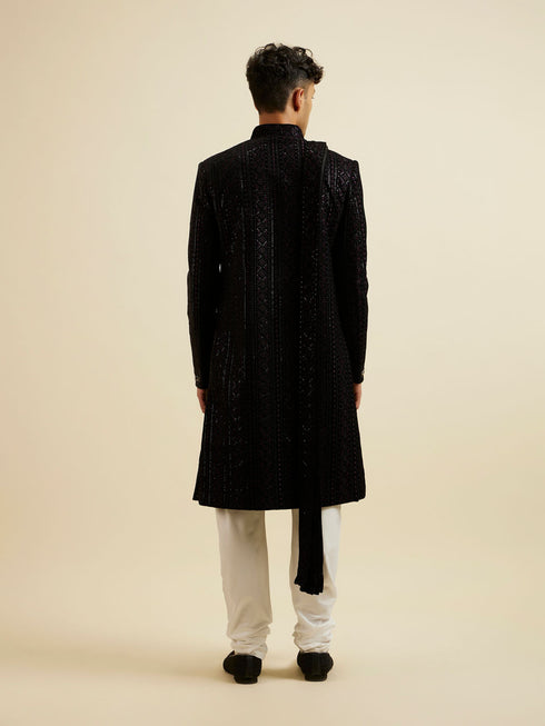 Manyavar Midnight Black Jaal Patterned Sequinned Sherwani Set
