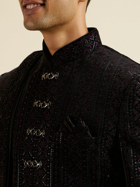 Manyavar Midnight Black Jaal Patterned Sequinned Sherwani Set