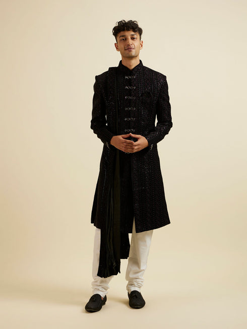 Manyavar Midnight Black Jaal Patterned Sequinned Sherwani Set