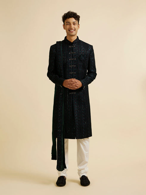Manyavar Teal Green Sequined Sherwani Set
