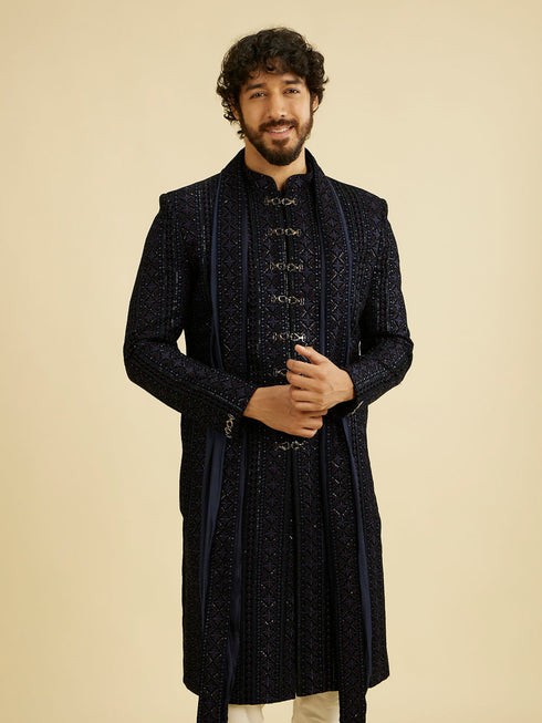 Manyavar Indigo Blue Jaal Patterned Sequinned Sherwani Set