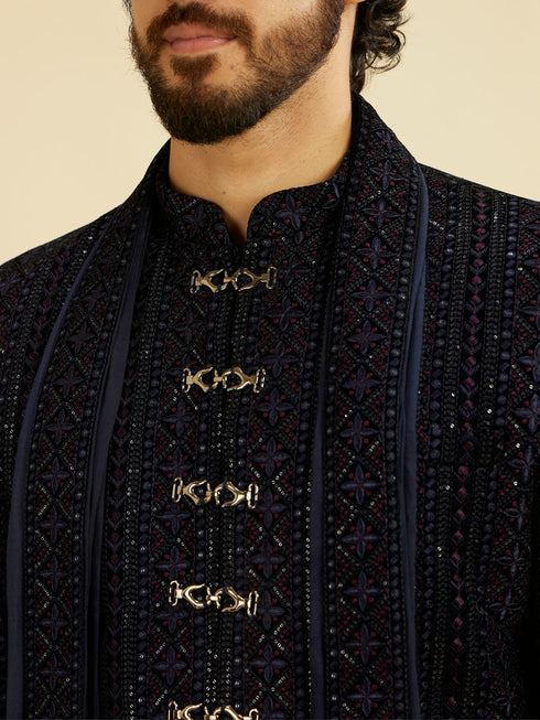 Manyavar Indigo Blue Jaal Patterned Sequinned Sherwani Set