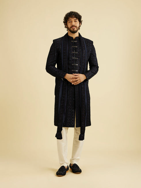 Manyavar Indigo Blue Jaal Patterned Sequinned Sherwani Set