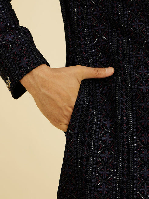 Manyavar Indigo Blue Jaal Patterned Sequinned Sherwani Set