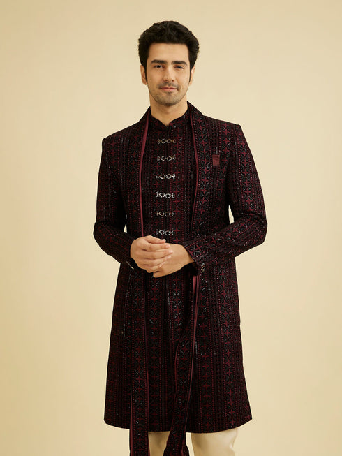 Manyavar Velvety Wine Elegance Sherwani
