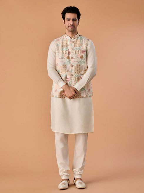 Manyavar Sunset Cream Kurta Jacket Set