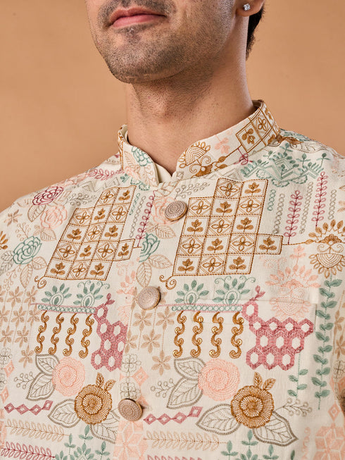 Manyavar Sunset Cream Kurta Jacket Set