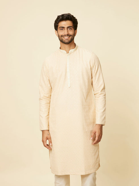 Manyavar Sand Beige Grid Patterned Chikankari Kurta Set