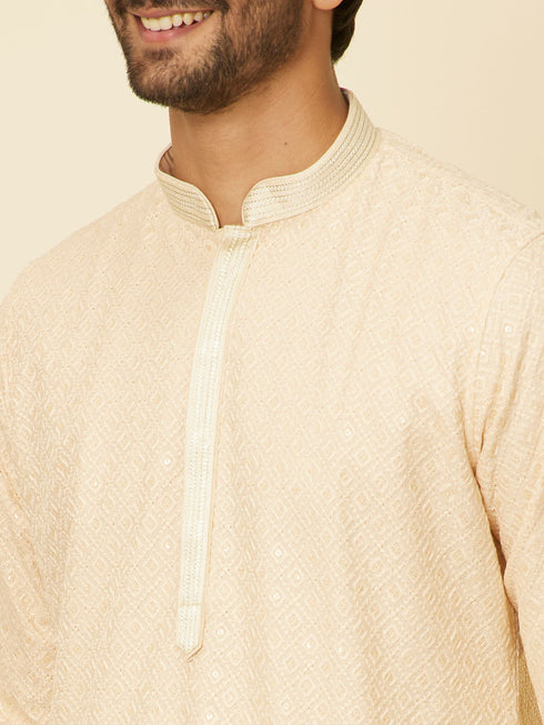 Manyavar Sand Beige Grid Patterned Chikankari Kurta Set