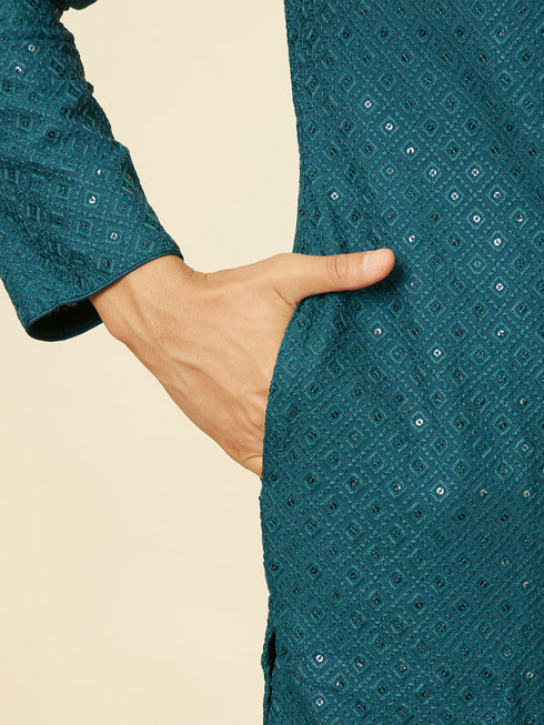 Manyavar Teal Green Grid Patterned Chikankari Kurta Set