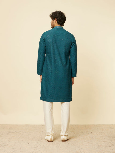 Manyavar Teal Green Grid Patterned Chikankari Kurta Set