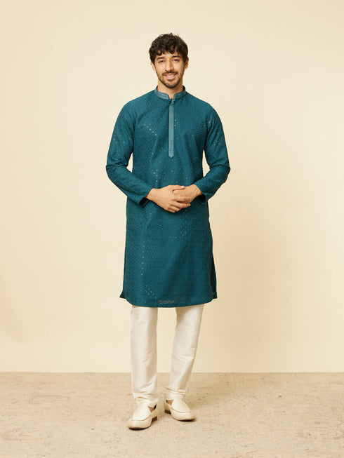 Manyavar Teal Green Grid Patterned Chikankari Kurta Set