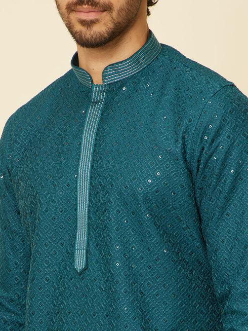 Manyavar Teal Green Grid Patterned Chikankari Kurta Set