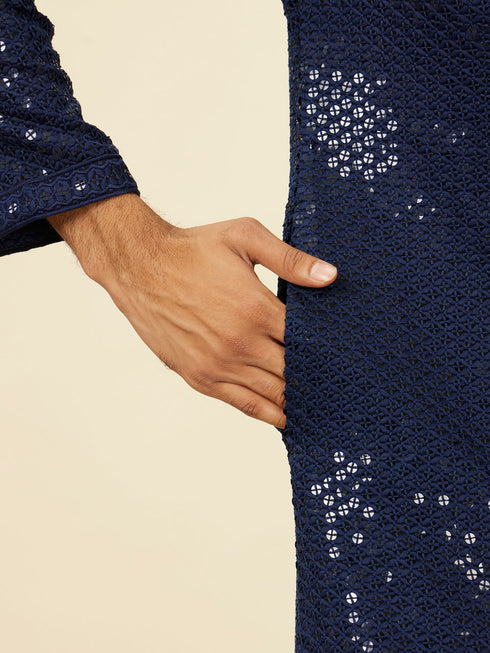 Manyavar Dark Blue Chikankari Kurta Set