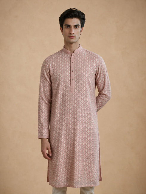 Manyavar Pink Georgette Kurta Pajama Set with Thread Embroidery & Sequin Detailing
