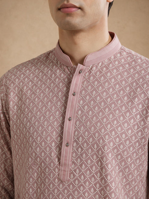 Manyavar Pink Georgette Kurta Pajama Set with Thread Embroidery & Sequin Detailing
