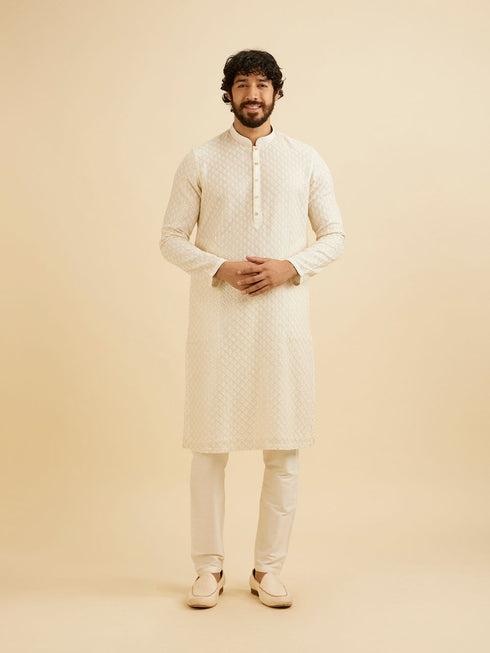 Manyavar Cream White Chikankari Work Kurta Set