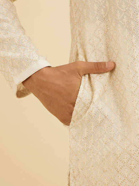 Manyavar Cream White Chikankari Work Kurta Set