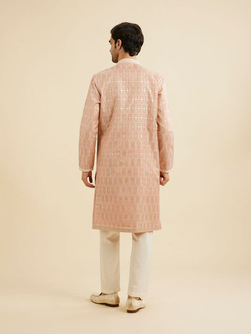Manyavar Dusty Pink Jaal Patterned Kurta Set with Floral Butas