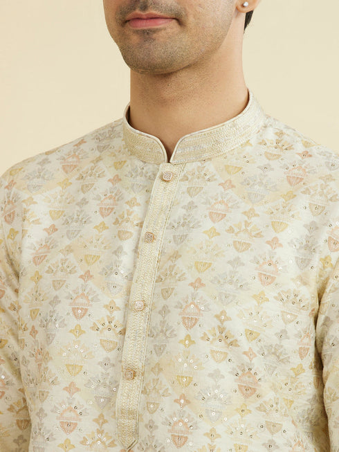 Manyavar Cream Thread Embroidered Kurta Pajama Set