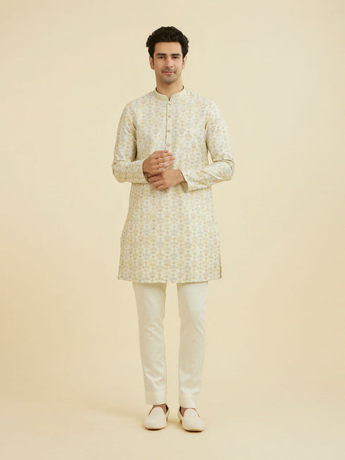 Manyavar Cream Thread Embroidered Kurta Pajama Set