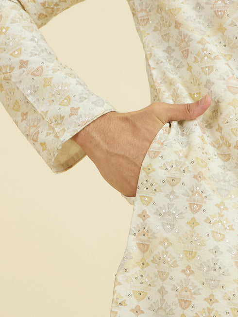 Manyavar Cream Thread Embroidered Kurta Pajama Set