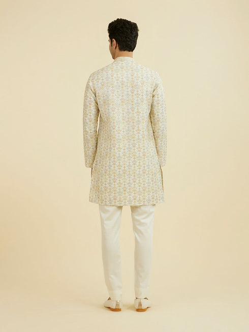 Manyavar Cream Thread Embroidered Kurta Pajama Set