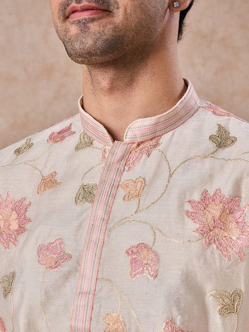 Manyavar Cream Elegance Chanderi Kurta Churidar