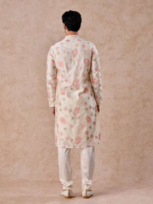 Manyavar Cream Elegance Chanderi Kurta Churidar