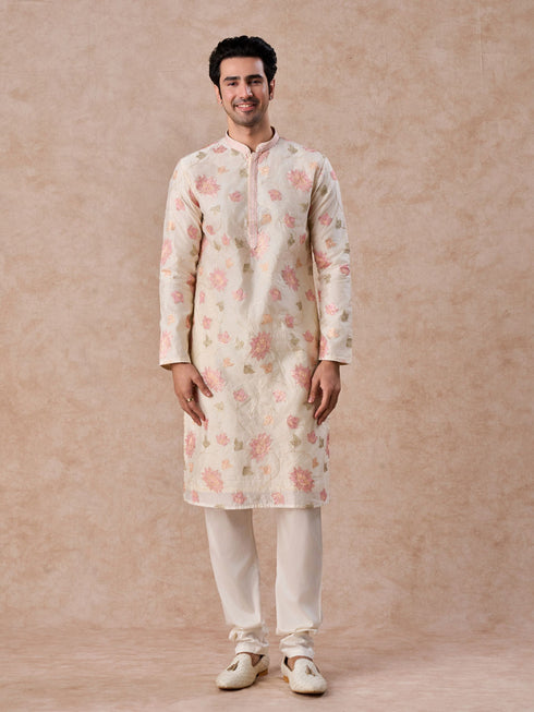 Manyavar Cream Elegance Chanderi Kurta Churidar
