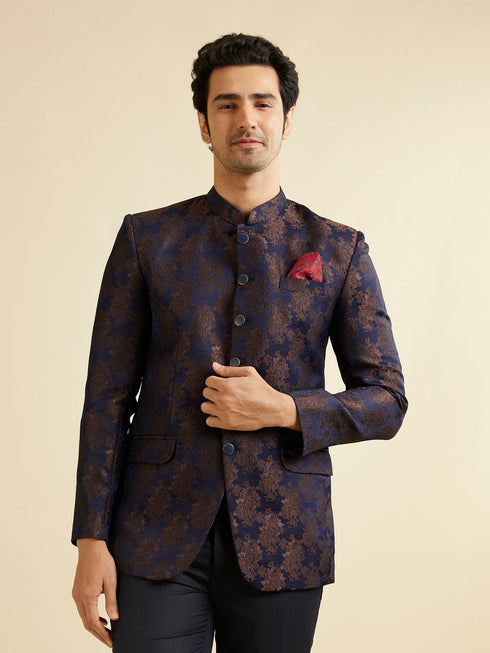 Manyavar Dark Blue Floral Jaal Patterned Jodhpuri Set