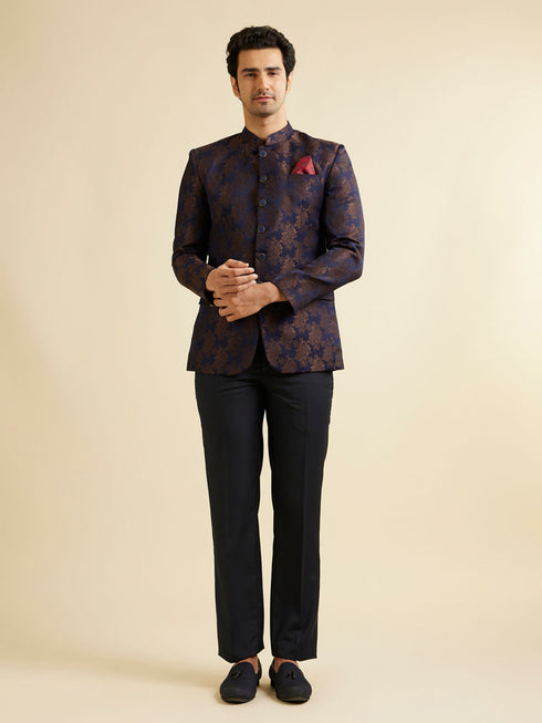 Manyavar Dark Blue Floral Jaal Patterned Jodhpuri Set