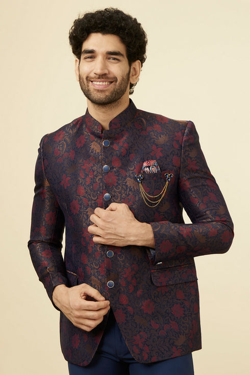 Manyavar Navy Blue Floral Patterned Suit