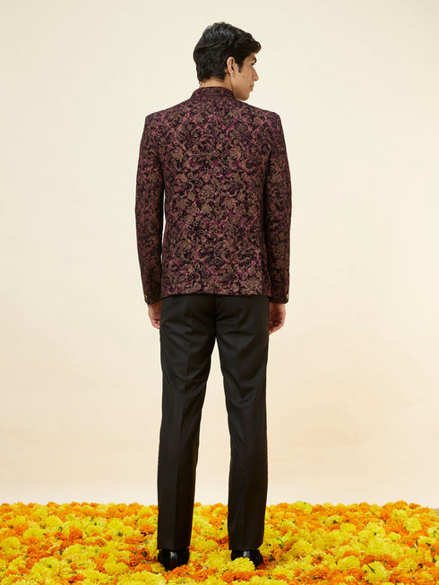 Manyavar Wine Bel Buti Foil Print Suit