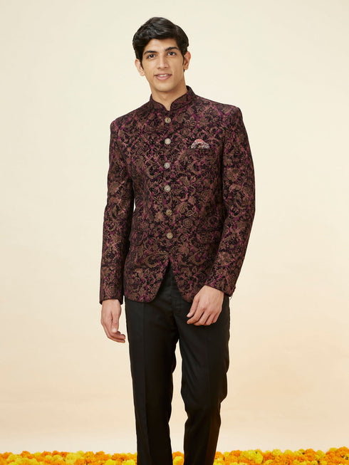 Manyavar Wine Bel Buti Foil Print Suit